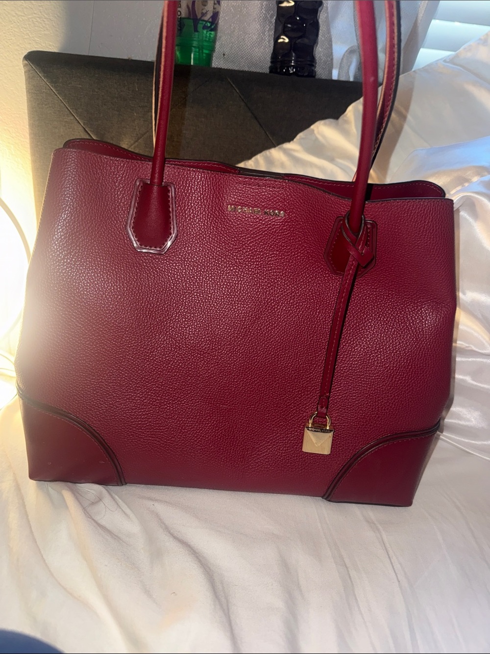 Michael Kors Wine Pebbled Leather Tote with Gold Accent